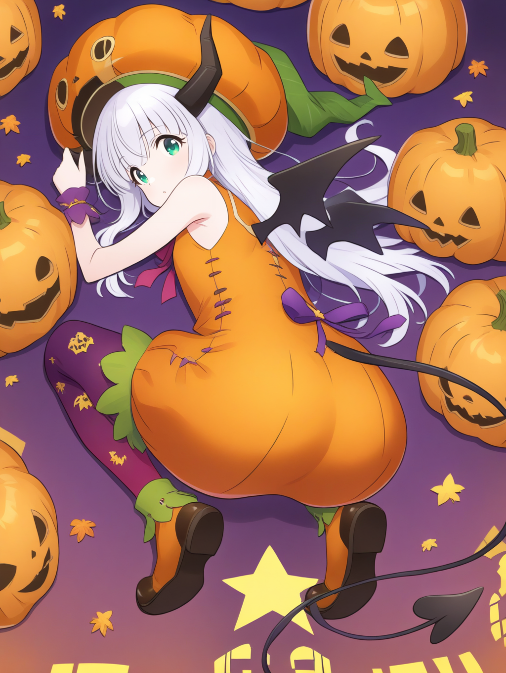 perfect quality,best quality,absolutely eye-catching,ambient occlusion,raytracing BREAK
1girl,<lora:riria kabotya IL v1.1:1>,kabotya,white hair,green eyes,long hair,horns,halloween,halloween costume,pumpkin,hat,sleeveless,wrist cuffs,wings,ribbon,demon tail,red legwear,purple legwear,shoes,print legwear,, from above, looking at viewer,close-up,on stomach,finger_gun,shou,squatting,_open_legs,