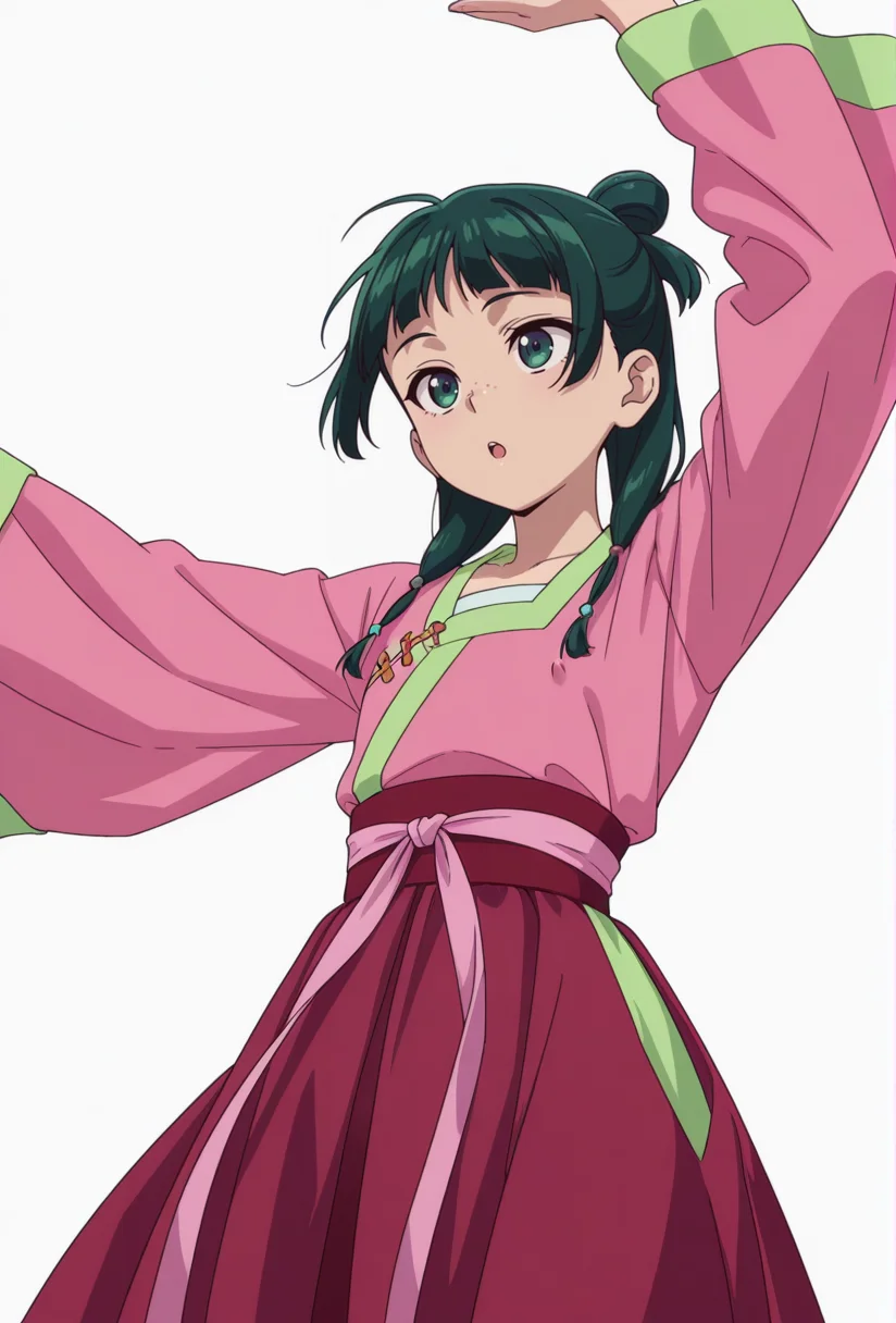 Smooth Quality,masterpiece,very intricate, high quality details, ultra realistic, high detailed skin,detailed enviorement,absurdres,
simple background, white background,solo,
from below,dancing, covered nipples, 
:o,
 <lora:Maomao_CNR:0.8> maomao_cnr,green hair, long hair, green eyes, flat chest,  maodef_cnr,freckles, green hair, twintails,chinese clothes, hanfu, skirt, long sleeves, red skirt, wide sleeves