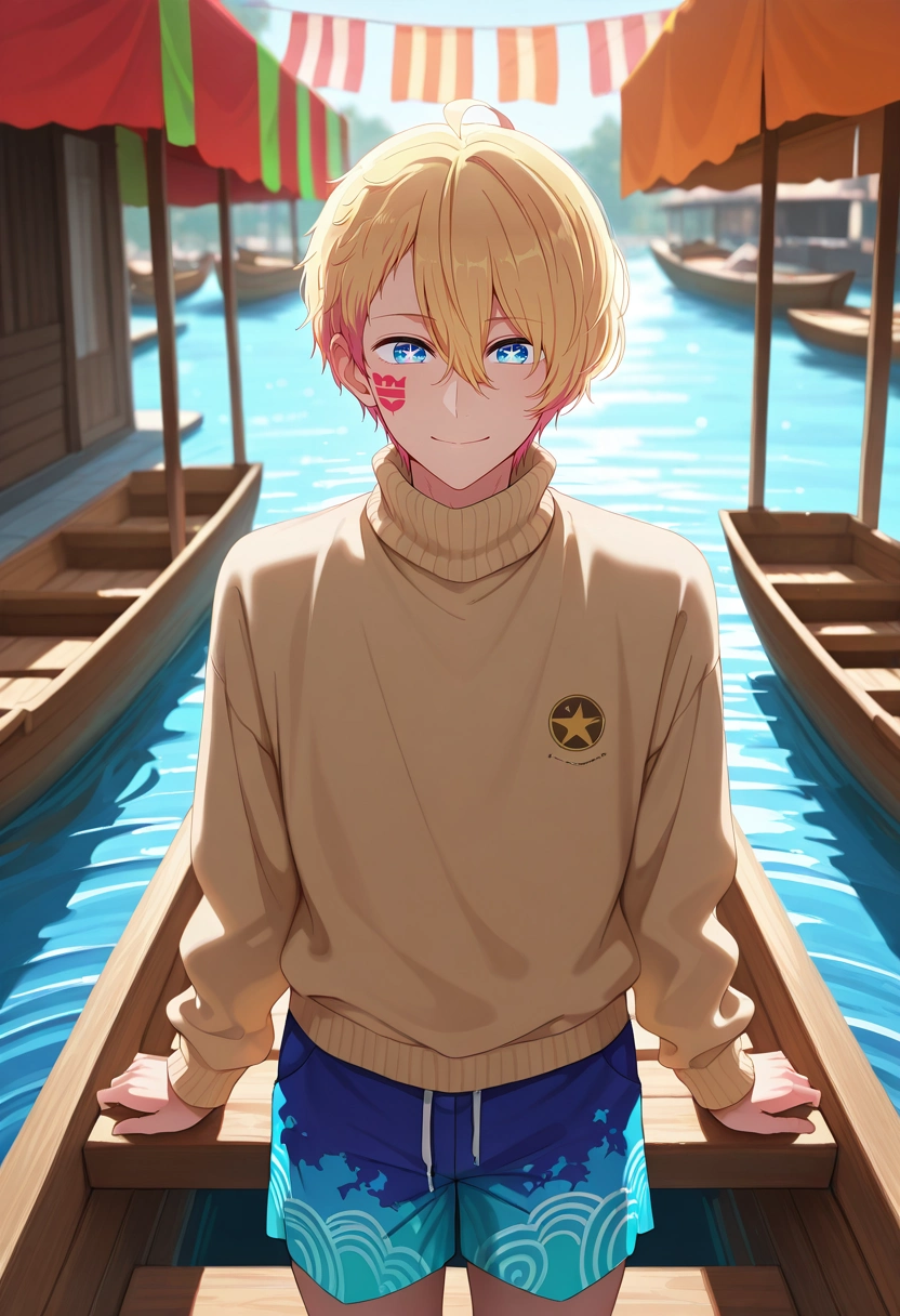 masterpiece, best quality, , (photorealistic:0.6), , 1boy, solo, male focus, <lora:aquamarine_hoshino_ilxl:0.98>, aquamarine_hoshino, blonde hair, blue eyes, bangs, hair between eyes, short hair, symbol-shaped pupils, star-shaped pupils, floating market, wooden boats, colorful awnings, rippling water, bargaining pose, cheerful expression, early morning, Twill Shibori Board shorts with print, Turtleneck sweater, , , Facial Jewels or Tattoos