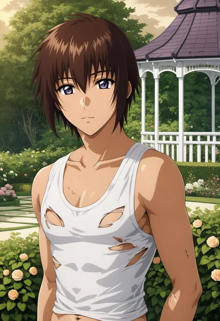ASCII kira_yamato, hair parting left, 1man, mature adult male focus, (torn damaged white undershirt ripped apart), solo, slim, thin waist, warm beige skin, brown hair,
detailed symmetric glossy eyes, expressive eyes, large purple eyes, looking at the viewer,
sexy posing, peaceful garden background, white gazebo, sweaty,
detailed torso, full body portrait,
masterpiece, best quality, ultra high res, intricate detail, clamshell warm lighting