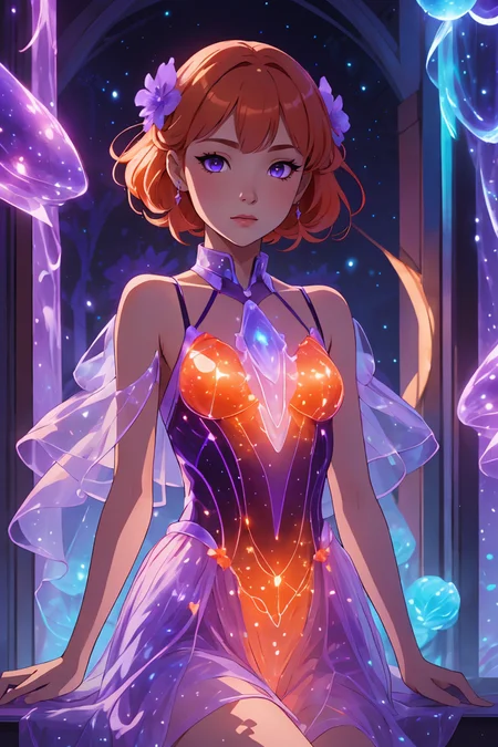 (masterpiece:1.4, best quality),1girl,chibi,solo,orange hair,purple eyes,<lora:bioluminescent_dress-1.0:1>, bioluminescent dress,<lora:GoodHands-vanilla:1>,