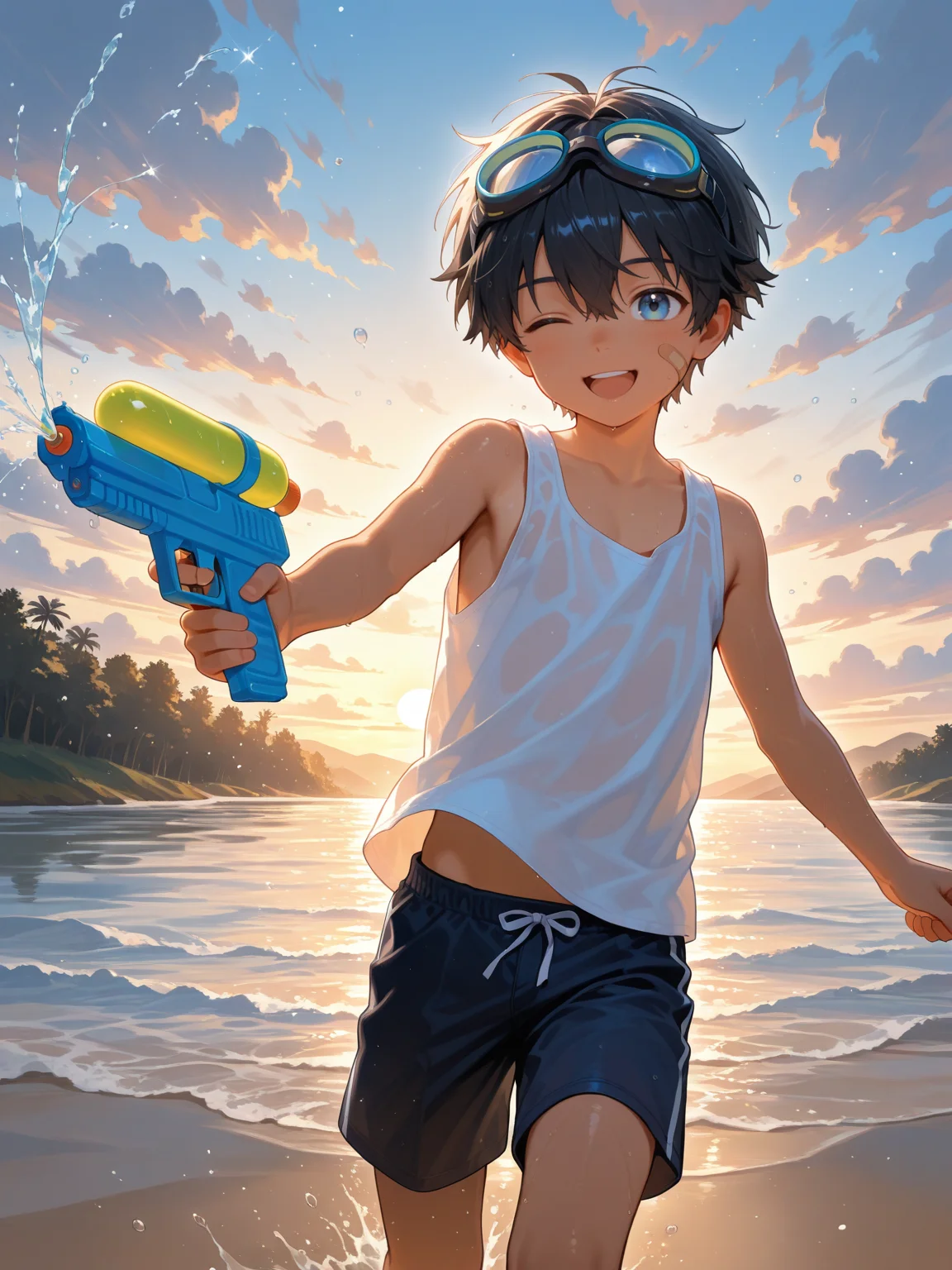 1boy,aged down,solo,short hair,black hair,hair between eyes,blue eyes,multicolored_eyes,tan,tank top,shorts,goggles on head,bandaid on face,looking at viewer,smile,open mouth,running,one eye closed,water gun,water,cloudy sky,nature,sunset,cinematic lighting,illustration,artbook,outline,IllusP0s,<lora:aidmaFLuxPro1.1_v0.3_IL:0.25>,<lora:ai_styles_collection_noob_vpred-1.0-v6-edm2-pass:0.3>,<lora:akicocolo:0.7>,