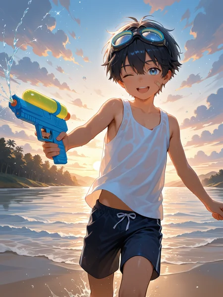 1boy,aged down,solo,short hair,black hair,hair between eyes,blue eyes,multicolored_eyes,tan,tank top,shorts,goggles on head,bandaid on face,looking at viewer,smile,open mouth,running,one eye closed,water gun,water,cloudy sky,nature,sunset,cinematic lighting,illustration,artbook,outline,IllusP0s,<lora:aidmaFLuxPro1.1_v0.3_IL:0.25>,<lora:ai_styles_collection_noob_vpred-1.0-v6-edm2-pass:0.3>,<lora:akicocolo:0.7>,
