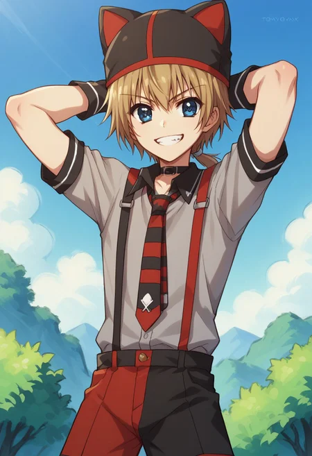 score_9, score_8_up, score_7_up, source_anime, highly detailed,
jironezu, 1boy, male focus, solo, blue eyes, hat, smile, upper body, shorts, suspenders,
blonde hair, necktie, striped, hands behind head, grin, looking at viewer, animal hat, ponytail
outdoor,