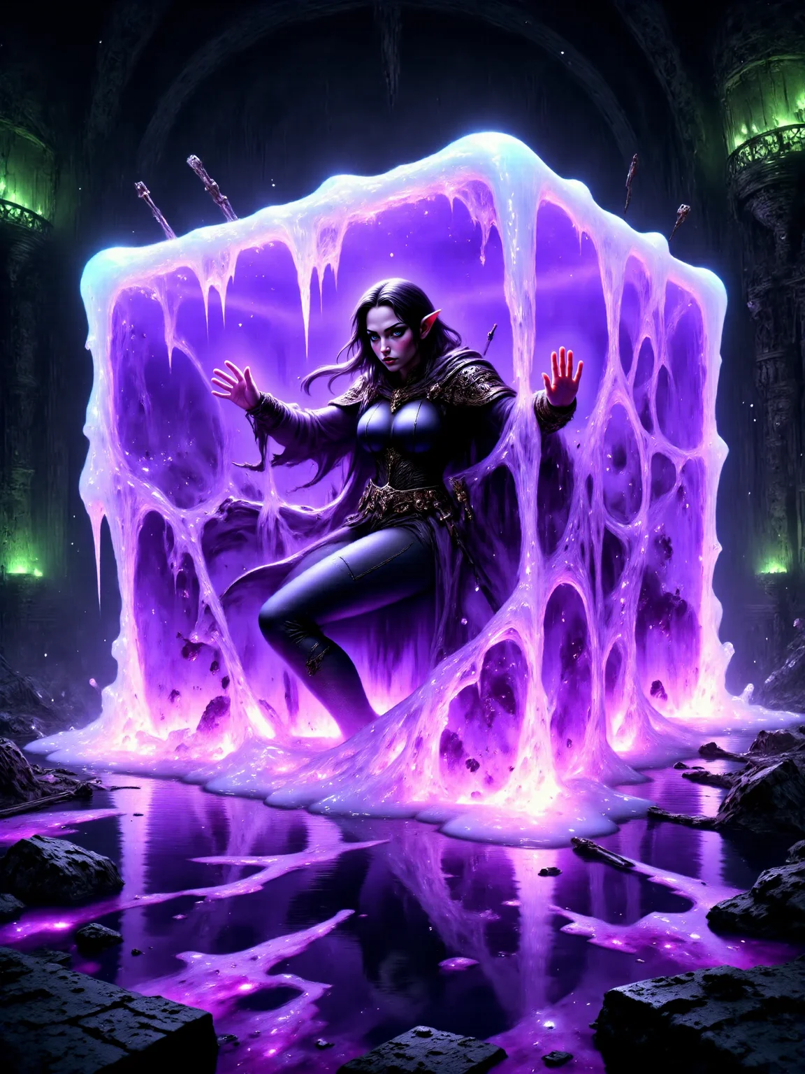 intricate and extremely detailed masterwork, dynamic angle, epic composition, exceptionally aesthetic, famous fantasy-style painting of a gooey translucent gelatinous cube with rounded, oozing, dripping edges and corners, it is colored in a purple to purple gradient, its magical glowing gel engulfing a gorgeous submerged female elf rogue with pointy ears and beautiful long floating raven black hair, she is wearing a sleek, black leather outfit, and a sword on her back, her lithe body is trapped and engulfed in gel, her expression a mix of shock and determination as she struggles to escape, the cube's translucent surface distorting her features and holding her in its oozy, pulsating mass, the background features a sinister villain's lair with dark stone walls, twisted iron cages, and flickering green torches casting eerie shadows, the lair is filled with ominous artifacts and arcane symbols, adding to the tense and otherworldly atmosphere, the soft purple glow of the cube contrasts sharply with the menacing surroundings, mythp0rt, <lora:image_enhancer-flux-by_dever:1.0> <lora:gelatinous_cube-flux-by_oneviolentgentleman:0.88> <lora:style-velvet's_mythic_fantasy-flux-by_velvets:0.72>