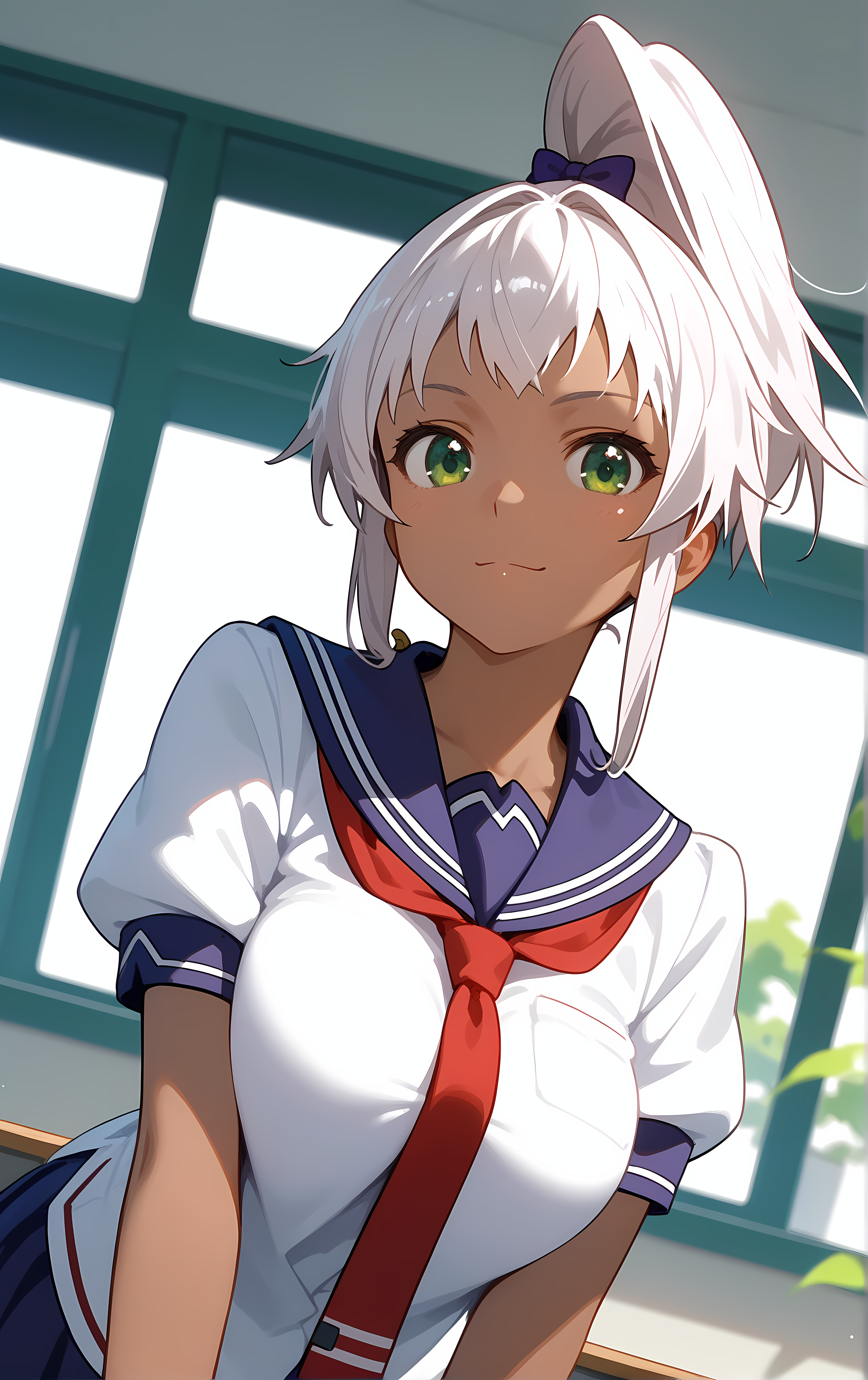 (score_9, score_8_up, score_7_up), standing, leaning forward, looking at viewer, light smile, closed mouth, shiny skin, tight clothes,
ohwx, 1girl, solo, green_eyes, breasts, large_breasts, dark_skin, dark-skinned_female, ponytail, white_hair, long_hair, high_ponytail, bow,
school_uniform, serafuku, short_sleeves, necktie, sailor_collar,
window, sunlight, classroom,
blurry, cowboy shot, dutch angle, upper body, close-up,
 <lora:chacha_akaza_pony_ss-000004:1>
