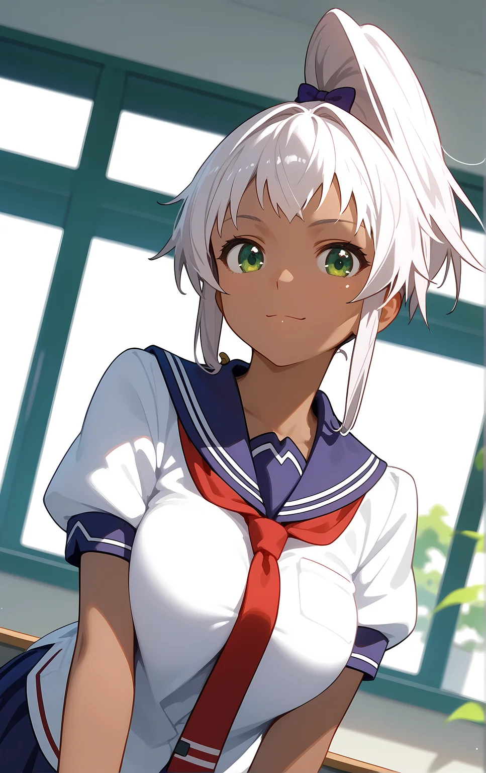 (score_9, score_8_up, score_7_up), standing, leaning forward, looking at viewer, light smile, closed mouth, shiny skin, tight clothes,
ohwx, 1girl, solo, green_eyes, breasts, large_breasts, dark_skin, dark-skinned_female, ponytail, white_hair, long_hair, high_ponytail, bow,
school_uniform, serafuku, short_sleeves, necktie, sailor_collar,
window, sunlight, classroom,
blurry, cowboy shot, dutch angle, upper body, close-up,
<lora:chacha_akaza_pony_ss-000004:1>