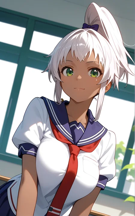 (score_9, score_8_up, score_7_up), standing, leaning forward, looking at viewer, light smile, closed mouth, shiny skin, tight clothes,
ohwx, 1girl, solo, green_eyes, breasts, large_breasts, dark_skin, dark-skinned_female, ponytail, white_hair, long_hair, high_ponytail, bow,
school_uniform, serafuku, short_sleeves, necktie, sailor_collar,
window, sunlight, classroom,
blurry, cowboy shot, dutch angle, upper body, close-up,
<lora:chacha_akaza_pony_ss-000004:1>