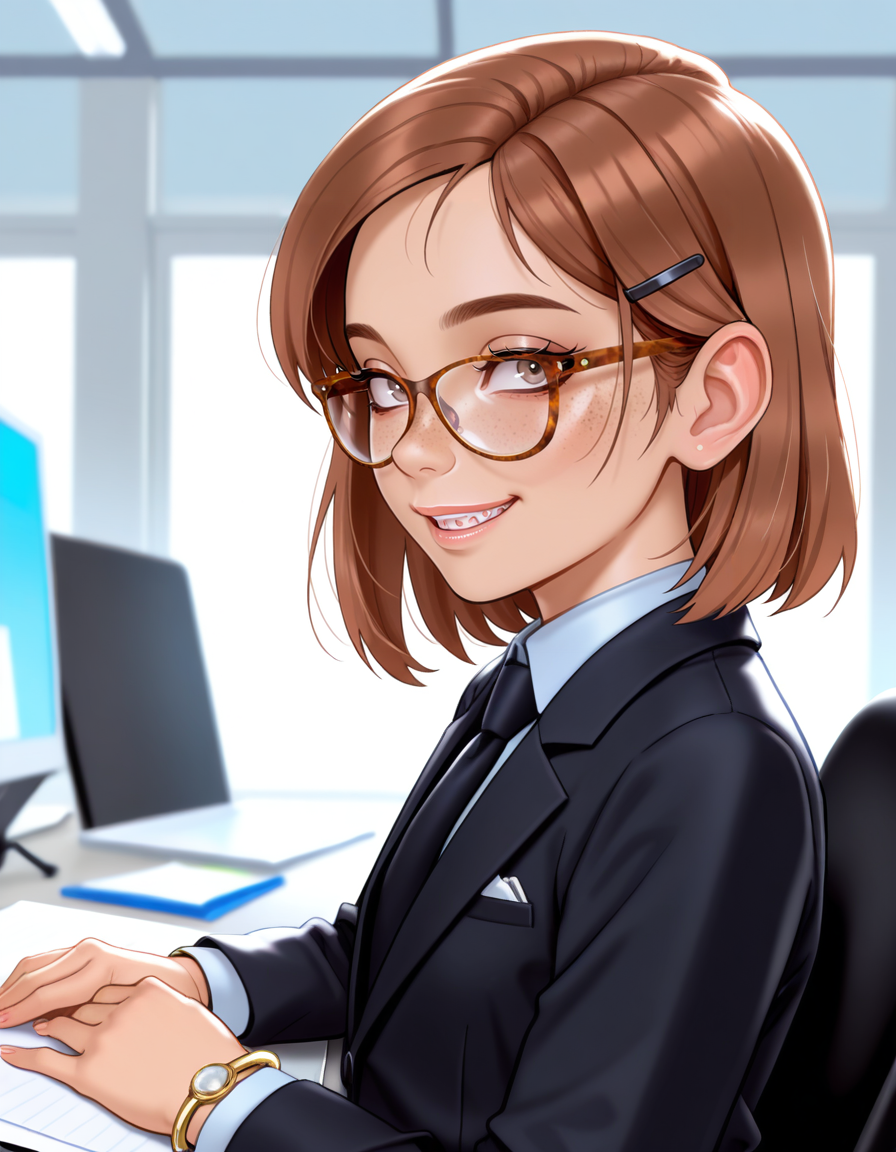 masterpiece, best quality, very aesthetic, absurdres,
indoors, office, 
upper body, long eyelashes, smile, parted lips, teeth bracelet, 
<lora:Megan_v01_NAIXL-000012:1>,
M364n,1girl,brown hair,short hair,hairclip,glasses,brown eyes, freckles, office lady,necktie,suit,