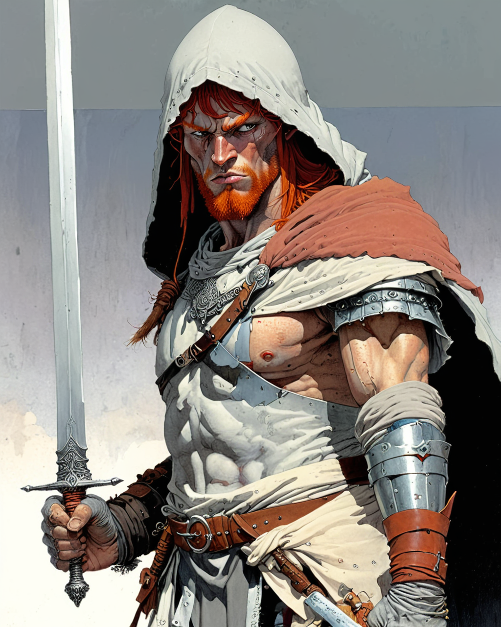 huge male redheaded barbarian warrior wielding a sword, standing beside a short slim male hooded thief dressed in grey, <lora:add-detail-xl:0.75> <lora:xl_more_art-full_v1:0.5> <lora:Moebius (Jean Giraud) Style:1> Moebius (Jean Giraud) Style page