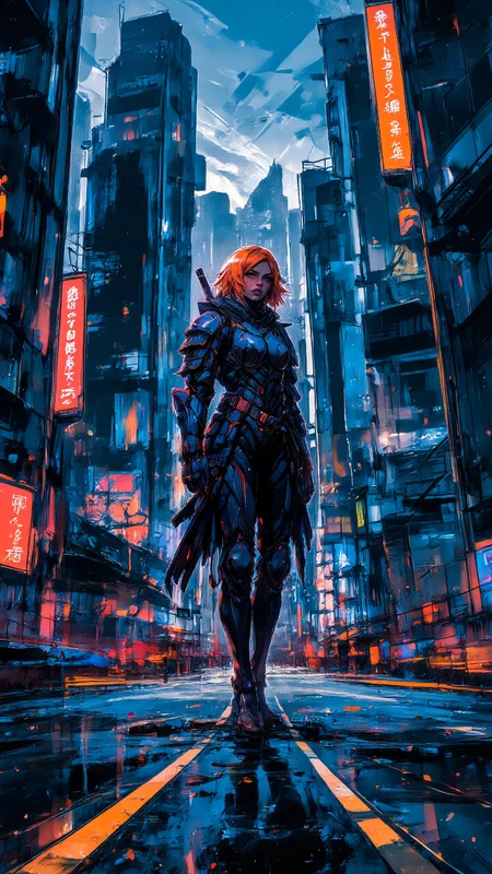 High-resolution semi-realistic illustration, bold graphic composition, intense blue-orange palette. A lone woman in a samurai armor stands amidst a neon-lit cityscape, legs apart, Her segmented midnight-blue armor gleams under the neon lights. medium lenght orange, choppy hair swept to one side, fierce gaze locked ahead, lips slightly parted. Towering skyscrapers outlined in blue, jagged orange light trails slicing through the night. Dark ink splatters and rough brushstrokes bleed into the scene, blending realism with raw, expressive energy <lora:Cinna_Flow_Flux-000018:1.2> <lora:Anime_v1.3:1.2> <lora:Inkpunk_Flux:0.6>