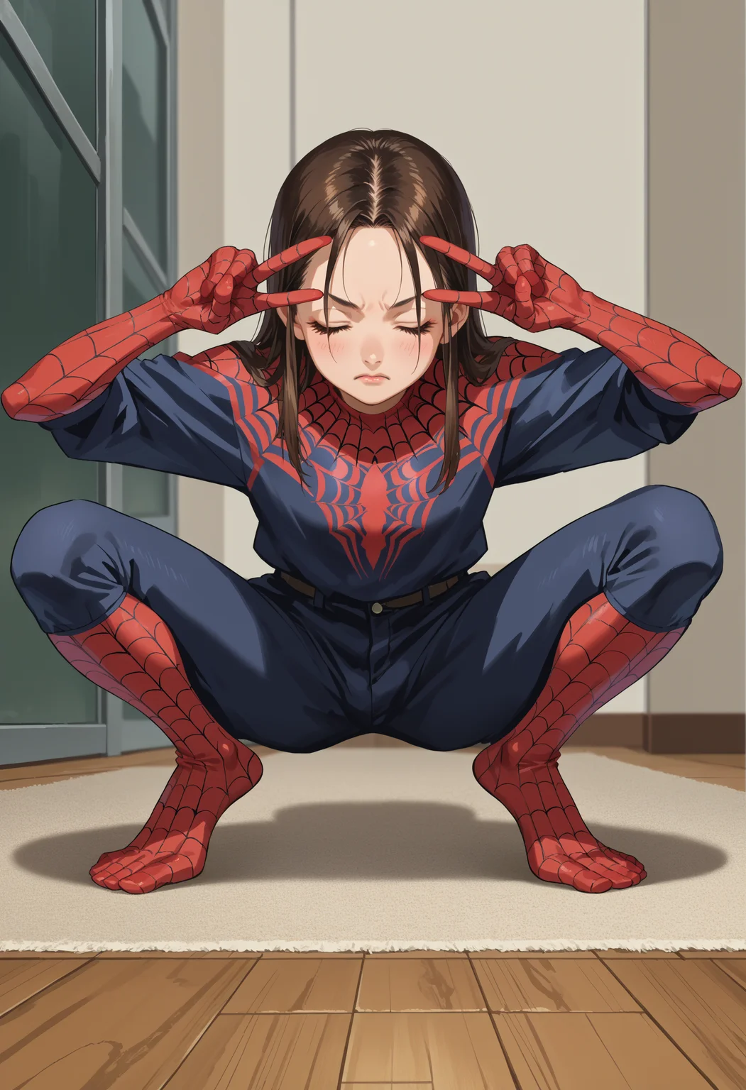 score_9, score_8_up,score_7_up, source_anime, 1girl, solo,
bivgtsav, hands on own face,
<lora:VctryVsgDbl_pdxl_EliPot:1>
closed eyes, squatting, on floor, spider-girl, anime screencap,