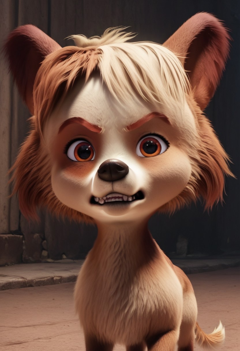 batty, 1girl, female dog, feral, small dog, tri-colored fur, golden tan with a lighter face and belly, one patch over each eye of a darker tan, brown ears, amber eyes, brown and blond hair, brown paws, golden tail, big head, easynegative, score_8_up, score_7_up, BREAK, 1girl, solo, close-up, portrait, angry, teeth, looking at viewer, detailed background, 4k, masterpiece, best quality, highly detailed, 3d, realistic,