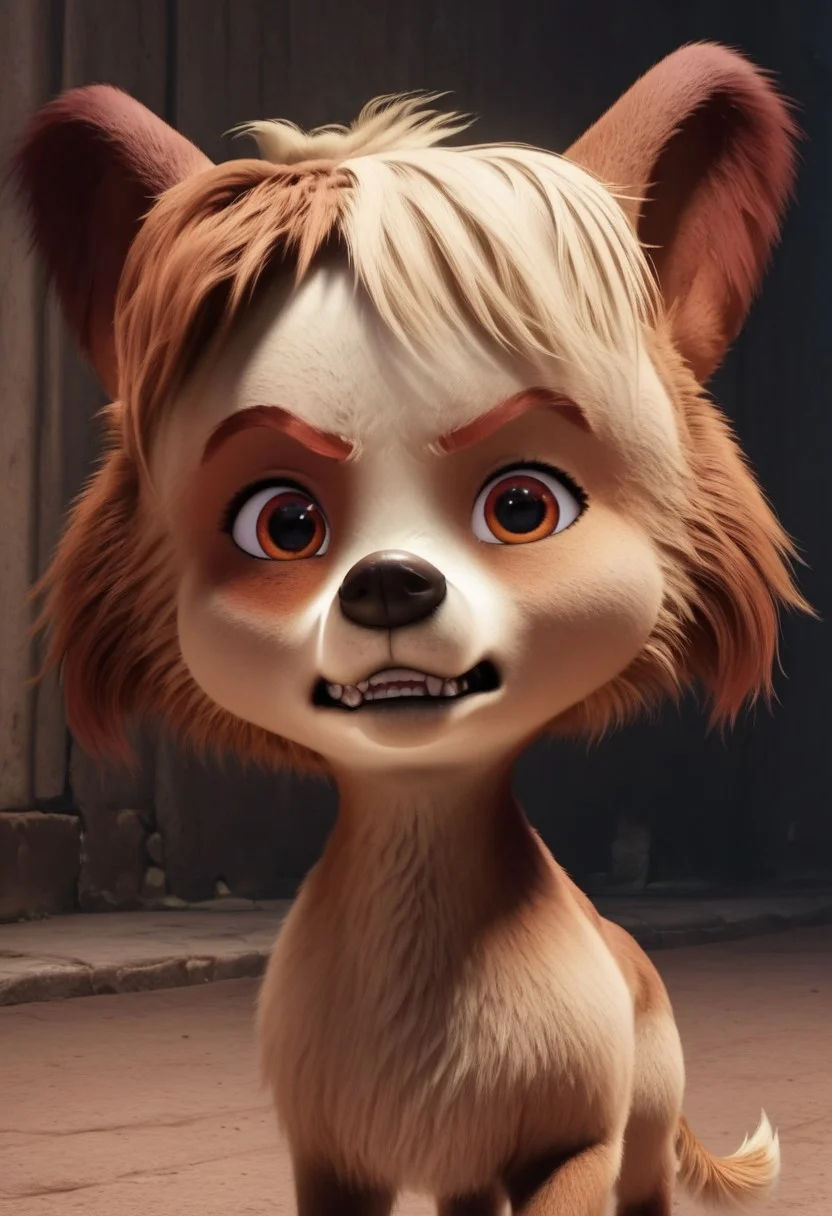 batty, 1girl, female dog, feral, small dog, tri-colored fur, golden tan with a lighter face and belly, one patch over each eye of a darker tan, brown ears, amber eyes, brown and blond hair, brown paws, golden tail, big head, easynegative, score_8_up, score_7_up, BREAK, 1girl, solo, close-up, portrait, angry, teeth, looking at viewer, detailed background, 4k, masterpiece, best quality, highly detailed, 3d, realistic,