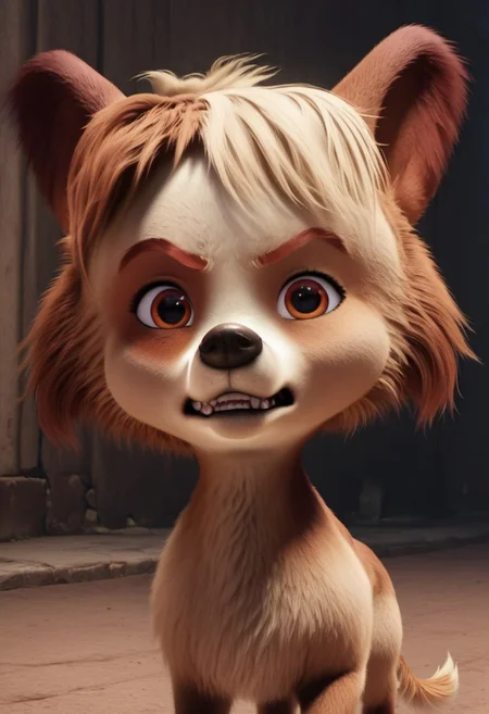 batty, 1girl, female dog, feral, small dog, tri-colored fur, golden tan with a lighter face and belly, one patch over each eye of a darker tan, brown ears, amber eyes, brown and blond hair, brown paws, golden tail, big head, easynegative, score_8_up, score_7_up, BREAK, 1girl, solo, close-up, portrait, angry, teeth, looking at viewer, detailed background, 4k, masterpiece, best quality, highly detailed, 3d, realistic,