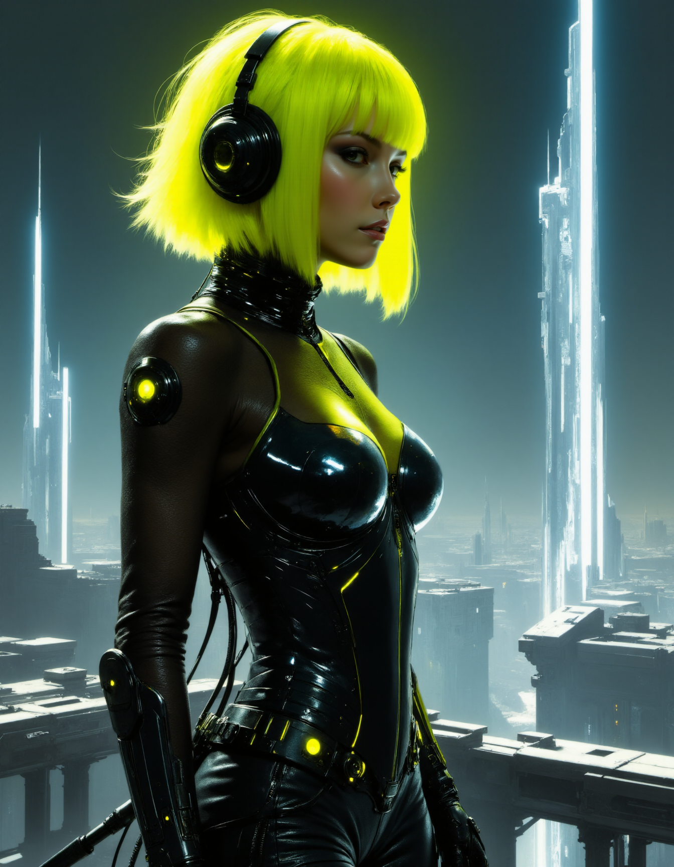 a powerful female cyber officer with cyber implants, neon yellow bob cut hair, highly dynamic side profile, futuristic sheer clothes, background of a futuristic dystopian Japanese metropolis, dark sky
<lora:artisketchyfs-v02:1>
