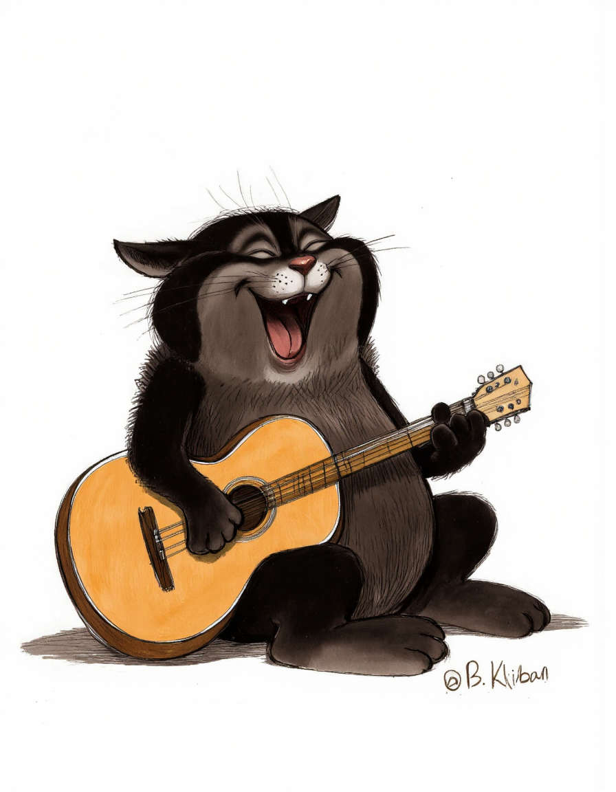 <lora:chizhcats:1>, This image is a digital drawing in a cartoon style, featuring an anthropomorphic black cat with a playful and joyful expression. The cat is sitting on the ground, holding an acoustic guitar. The cat's fur is predominantly black with a white patch on its chest and a light grey shading on its belly and paws. Its eyes are closed, and it has an open-mouthed, wide-eyed expression, suggesting it is singing or laughing. The guitar is a classic acoustic guitar with a yellow-brown color and visible strings. The cat's paws are positioned on the guitar body, with the fingers of its right paw pressing down on the strings. The background is a plain white, which makes the cat and guitar the focal point of the image. The texture of the drawing is smooth, with subtle shading that adds depth and dimension to the cat's fur and the guitar. The overall mood of the drawing is lighthearted and playful, capturing the essence of a cat enjoying music. The artist's signature, "B. Kliban, " is visible in the lower right corner of the image.