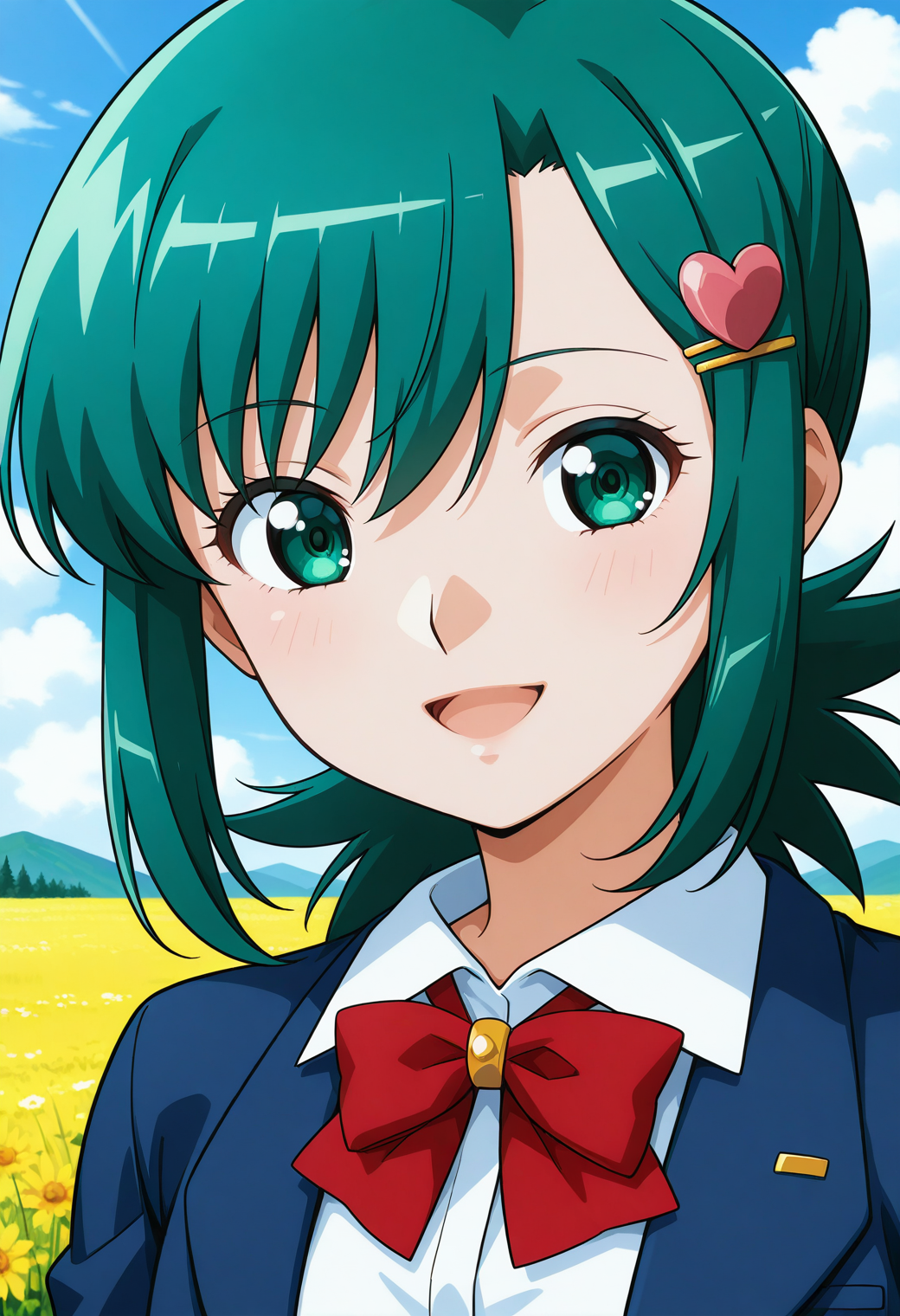 sr5_hinako, green eyes, green hair, short hair, hairclip, heart hair ornament, school uniform, red bowtie, blazer, long sleeves, blue jacket, open jacket, white shirt, collared shirt, <lora:SR5_hinako_illustrious_ver1:0.8> 
smile,, masterpiece, best quality, general,, 1girl, solo, (field:1.2), (blue sky:1.2), looking at viewer,, (upper body:1.2), (close-up:1.2), (facing viewer:1.2), (open eyes:1.4), (portrait:1.2)