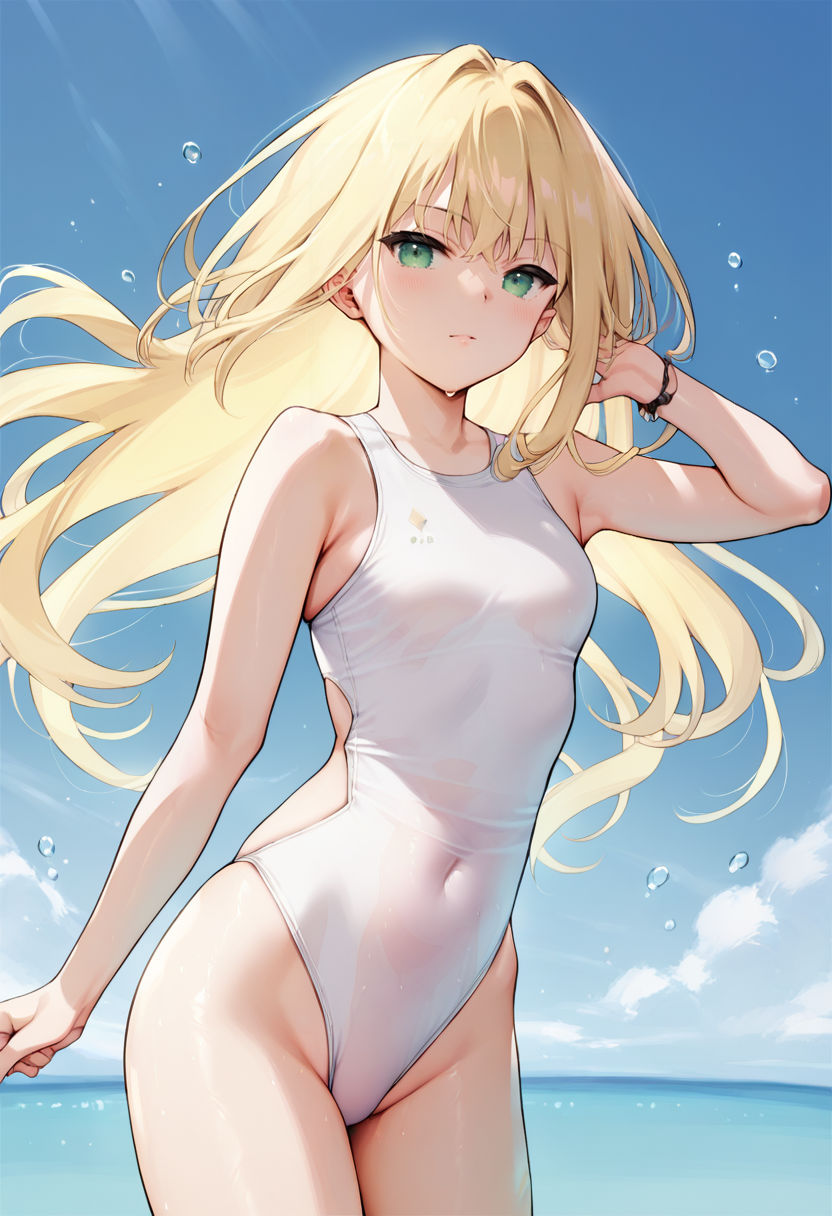 score_9, score_8_up, score_7_up, source_anime, 1girl, one-piece swimsuit, white swimsuit, blonde hair, green eyes, floating hair, <lora:Mignon-Style-PonyXL-000054:1>