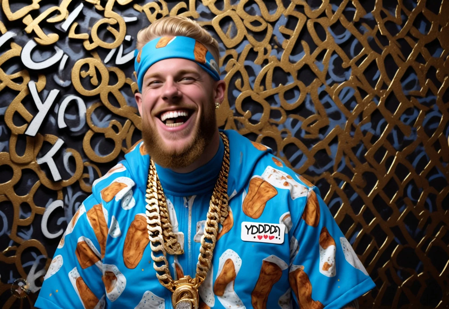 detailxl, Movie Still, Cinematic, Cinematic Lighting, Professional studio photo, a thin 30 year old white male with a big smile, dirty blonde beard, wearing a blue outfit with images of diapers printed all over it and a matching durag with the same diaper print pattern. He is wearing many gold and platinum chains of various styles. He has gold watches. He has gold and platinum grills on his teeth. He is wearing golden coloured sunglasses. He is standing in front of a graffiti coloured wall. He has a colourful speech bubble with colourful letters which say exactly: “yooooooooooo!”