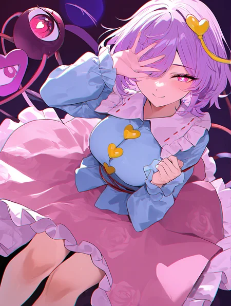 <lora:misaka-gou_s64:1> chromatic aberration,hand over eye,purple hair,frilled sleeves,touhou,frills,hair ornament,absurdres,heart hair ornament,shirt,pink eyes,long sleeves,solo,third eye,feet out of frame,highres,heart button,1girl,white pupils,blue shirt,short hair,buttons,pink skirt,smile,dutch angle,skirt,bright pupils,heart, masterpiece, best quality, newest, very awa, absurdres, highres