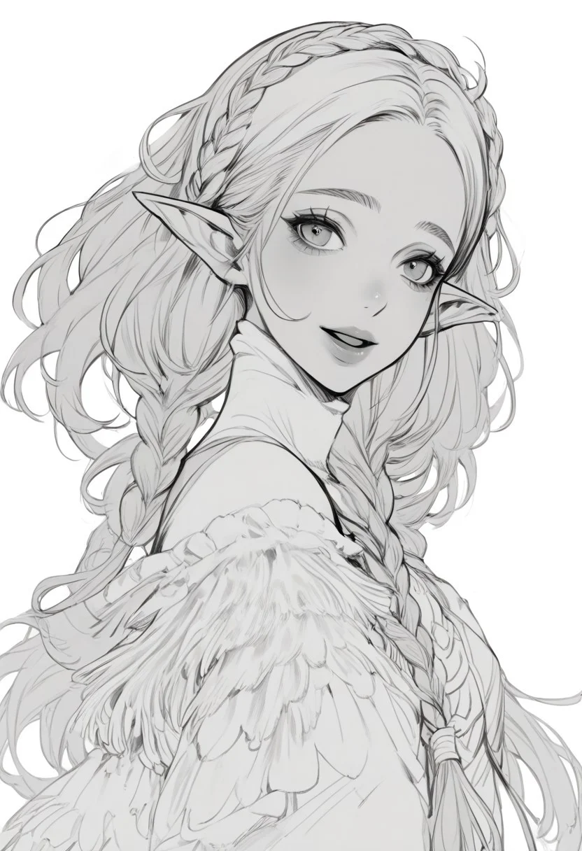 score_9, score_8_up, score_7_up, score_6_up, score_5_up, score_4_up, 
twintails, upper body, looking at viewer, sidelocks, smile, pointy ears, long hair, elf, braid, simple background, greyscale, head tilt, white background, monochrome, 1boy, looking back, open mouth, solo, 1girl