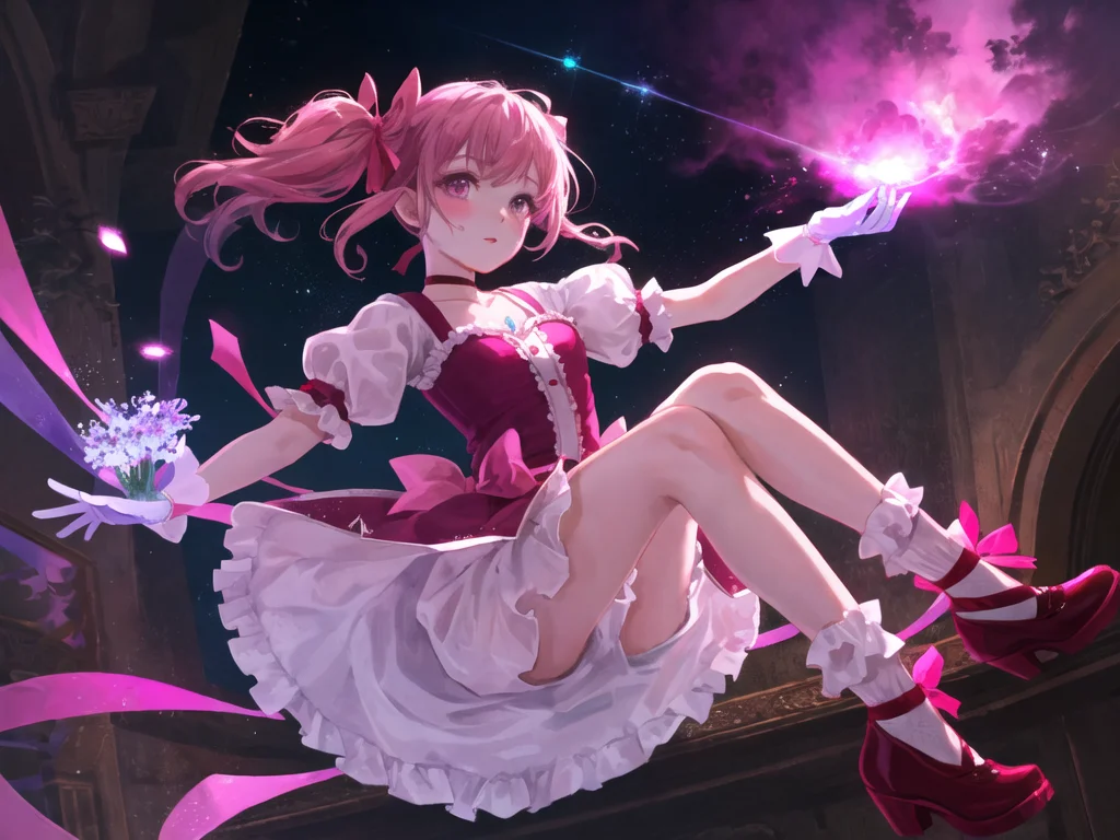 (masterpiece, best quality, ultra detailed,illustration,CG , hdr:1.2),
1girl, solo,madoka-v1 , looking at viewer, dynamic angle , cinematic angle , depth of field , detailed and beautiful glow , detailed shadow , caustics, ray tracing , bokeh , lens flare,
pink hair, gloves, white gloves, twintails, frilled socks, pink eyes, socks, frills, white socks, short sleeves, skirt, choker,white skirt, puffy short sleeves, puffy sleeves, bubble skirt, red footwear, frilled sleeves, short twintails, frilled skirt,ribbon, bow, soul gem, magical girl, leg ribbon, ankle ribbon, shoes, hair ribbon, parted lips, red choker, buttons, collarbone, pink theme, ribbon choker, pink ribbon, kneehighs, dot nose, blush, small breasts, light particles, hair bow, cross-laced footwear, hand up, breasts,
(delicate flowers and clouds, soft pink hue , whimsical and romantic atmosphere,fantasy and charm,sparkle :1.2 ) ,
<lora:madoka-000010:0.8>,