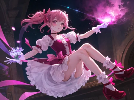 (masterpiece, best quality, ultra detailed,illustration,CG , hdr:1.2),
1girl, solo,madoka-v1 , looking at viewer, dynamic angle , cinematic angle , depth of field , detailed and beautiful glow , detailed shadow , caustics, ray tracing , bokeh , lens flare,
pink hair, gloves, white gloves, twintails, frilled socks, pink eyes, socks, frills, white socks, short sleeves, skirt, choker,white skirt, puffy short sleeves, puffy sleeves, bubble skirt, red footwear, frilled sleeves, short twintails, frilled skirt,ribbon, bow, soul gem, magical girl, leg ribbon, ankle ribbon, shoes, hair ribbon, parted lips, red choker, buttons, collarbone, pink theme, ribbon choker, pink ribbon, kneehighs, dot nose, blush, small breasts, light particles, hair bow, cross-laced footwear, hand up, breasts,
(delicate flowers and clouds, soft pink hue , whimsical and romantic atmosphere,fantasy and charm,sparkle :1.2 ) ,
<lora:madoka-000010:0.8>,
