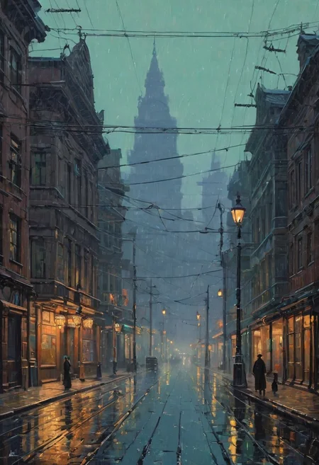 by Alena Aenami and [Delphin Enjolras|Victor Nizovtsev] in the style of [Dmitry Ageev:John Atkinson Grimshaw:0.25]