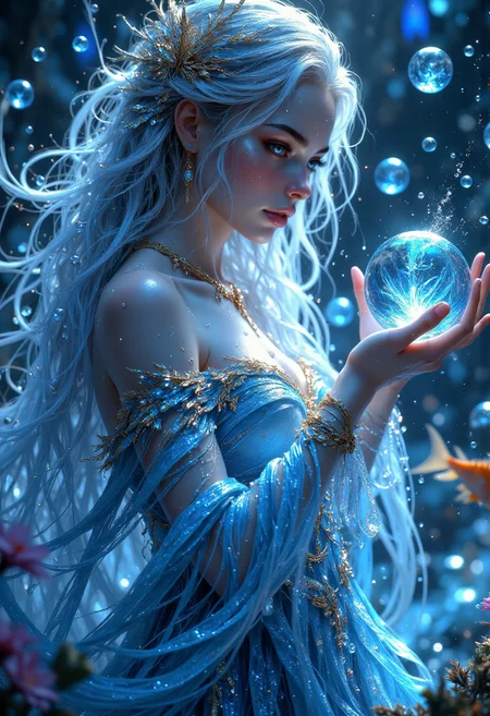 a mystical scene with a female figure as the central subject. The woman has long, flowing white hair adorned with golden, leaf-like accessories. Her skin is pale and luminous, with delicate facial features and a serene expression. She is dressed in an elegant, shimmering blue gown with intricate gold embellishments that resemble leaves and vines. The background is a dark, ethereal forest setting, with glowing orbs floating around her, adding a magical ambiance. She holds a large, glowing blue orb in her hands, which emits a soft light, illuminating her face and surroundings.
<lora:FluxMythP0rtr4itStyle:0.6> <lora:Midjourney_Dreamlike_Fantasy_FLUX_LoRA:0.6> <lora:Elden_Ring_-_Yoshitaka_Amano:0.33>