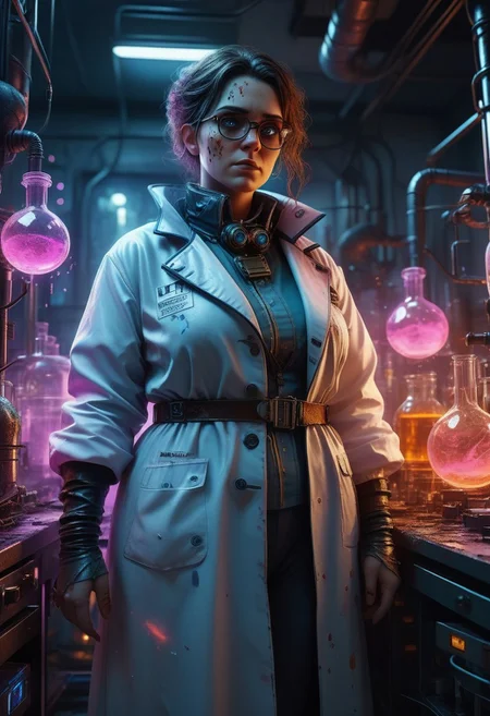 Obese female rogue scientist in a chempunk lab, flabby features, intense and unhinged expression, wearing a lab coat stained with chemicals, surrounded by bubbling vats and glowing test tubes, air filled with the scent of chemicals and decay, distant sounds of lab equipment and experimental creatures, use of 'photorealistic', '8k', 'hyper-detailed', 'chempunk', 'dramatic lighting' to highlight the character's intensity, 'depth of field' for immersive effect, 'HDR' for high dynamic range