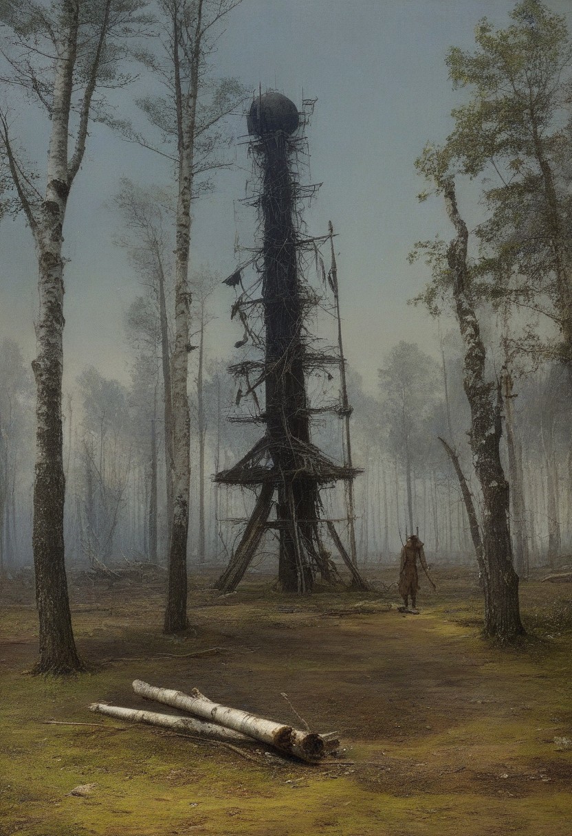 Caspar David Friedrich (romanticism), Pine barrens with charred tree skeletons, birch bark peeling scrolls, napoleonic-era signal tower,corncrake in tall grass.,Art painting by Makoto Shinkai and Fiona Staples and Tran Nguyen, featured on Caravaggio,,
artstation trending, macro lens, volumetric light,
<lora:Illustration_Insanity:0.3>,
<lora:dreamshaperXL10_lora:0.7>,
<lora:extremely_detailed:0.3> extremely detailed,
<lora:DetailMaximizer:0.3>,, Surrealism art style, dreamlike and irrational imagery, explores the unconscious mind, juxtaposition of unlikely elements, challenges reality and logic