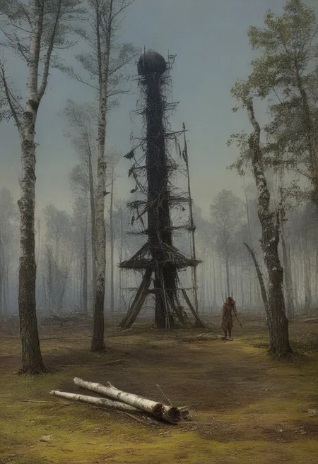 Caspar David Friedrich (romanticism), Pine barrens with charred tree skeletons, birch bark peeling scrolls, napoleonic-era signal tower,corncrake in tall grass.,Art painting by Makoto Shinkai and Fiona Staples and Tran Nguyen, featured on Caravaggio,,
artstation trending, macro lens, volumetric light,
<lora:Illustration_Insanity:0.3>,
<lora:dreamshaperXL10_lora:0.7>,
<lora:extremely_detailed:0.3> extremely detailed,
<lora:DetailMaximizer:0.3>,, Surrealism art style, dreamlike and irrational imagery, explores the unconscious mind, juxtaposition of unlikely elements, challenges reality and logic