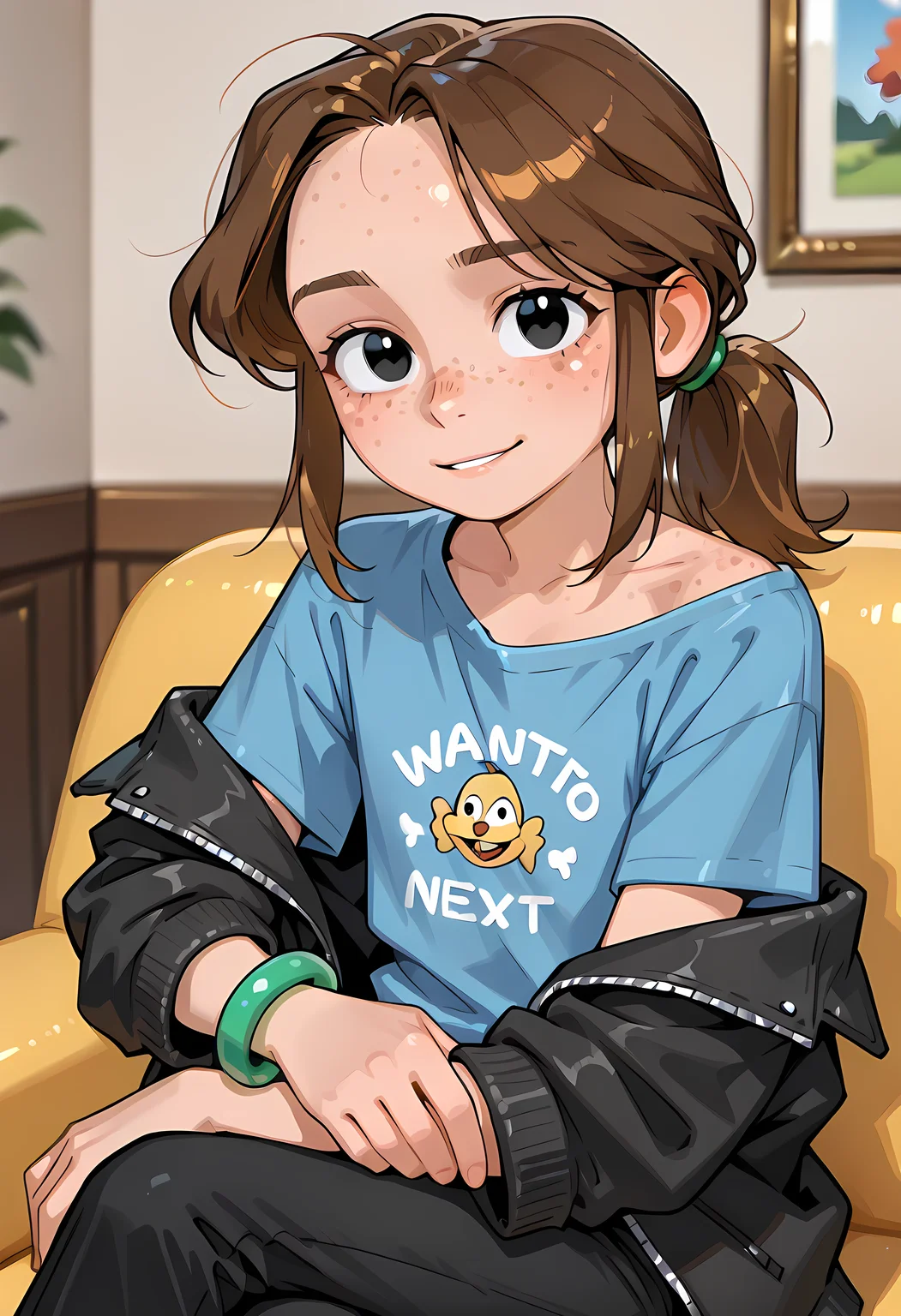 solo, brown hair, black pants, 1girl, ponytail,charlotte,<lora:Charlotte_emily_ill:0.8>, black eyes, green bracelet  on right hand ,flat chest,green clip,,, (portrai shot, upper body), high resolution, 2k resolution:1.0, 1girl,  casual clothes,black jacket,freckles,blue shirt,solo,bracelet on single hand,flat chest,,singles shirt,very young girl,