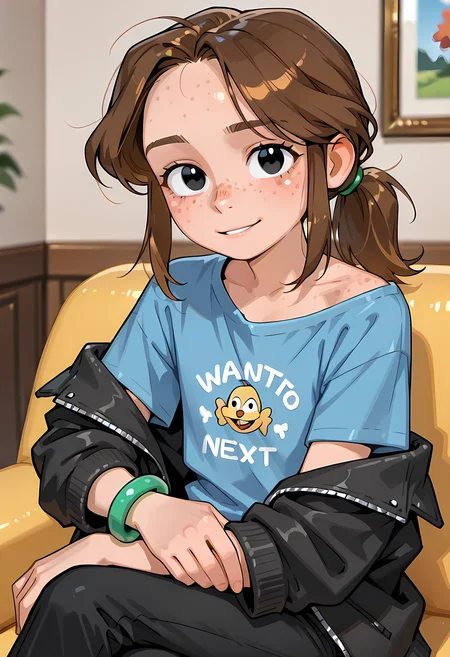 solo, brown hair, black pants, 1girl, ponytail,charlotte,<lora:Charlotte_emily_ill:0.8>, black eyes, green bracelet on right hand ,flat chest,green clip,,, (portrai shot, upper body), high resolution, 2k resolution:1.0, 1girl, casual clothes,black jacket,freckles,blue shirt,solo,bracelet on single hand,flat chest,,singles shirt,very young girl,