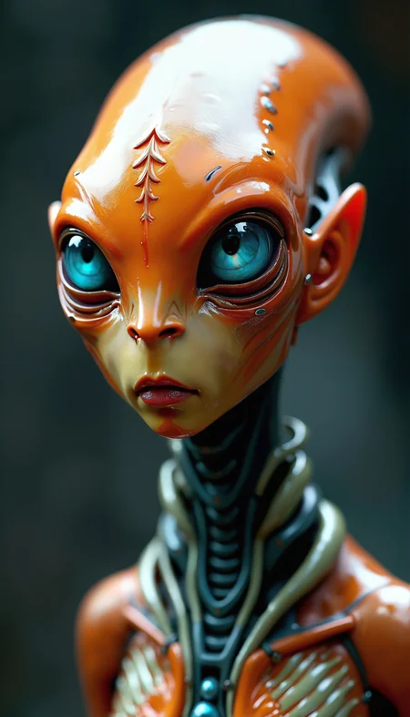 Highly detailed, digital artwork of an alien-like creature with a humanoid form. The subject has an elongated, orange, and glossy head with large, expressive blue eyes that dominate its face. The skin texture is smooth and slightly translucent, with intricate patterns and a wet, shiny appearance. The neck and upper body are adorned with biomechanical elements, featuring metallic and organic components in shades of blue, green, and orange. The background is a dark, blurred gradient, which emphasizes the subject's vivid colors and intricate details. The overall style is hyper-realistic with a focus on texture and lighting, creating a striking and otherworldly visual effect.