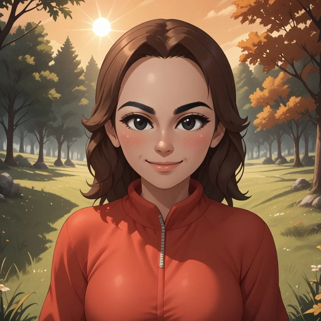 score_9, score_8, BREAK, solo, wii, mii, wii sports, 1girl, female mii, brown hair, black eyebrows, black eyes, blush, red clothing, white pants, shoes, breasts, nintendo mii, modern_mii, classic_mii, Maria_(Wii_Sports), cute, sexy pose, self portrait, smile, outdoors, sunlight, shadows, evening lighting, natural lighting, forest, trees, grass, orange sky, sunset