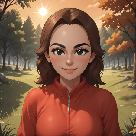 score_9, score_8, BREAK, solo, wii, mii, wii sports, 1girl, female mii, brown hair, black eyebrows, black eyes, blush, red clothing, white pants, shoes, breasts, nintendo mii, modern_mii, classic_mii, Maria_(Wii_Sports), cute, sexy pose, self portrait, smile, outdoors, sunlight, shadows, evening lighting, natural lighting, forest, trees, grass, orange sky, sunset