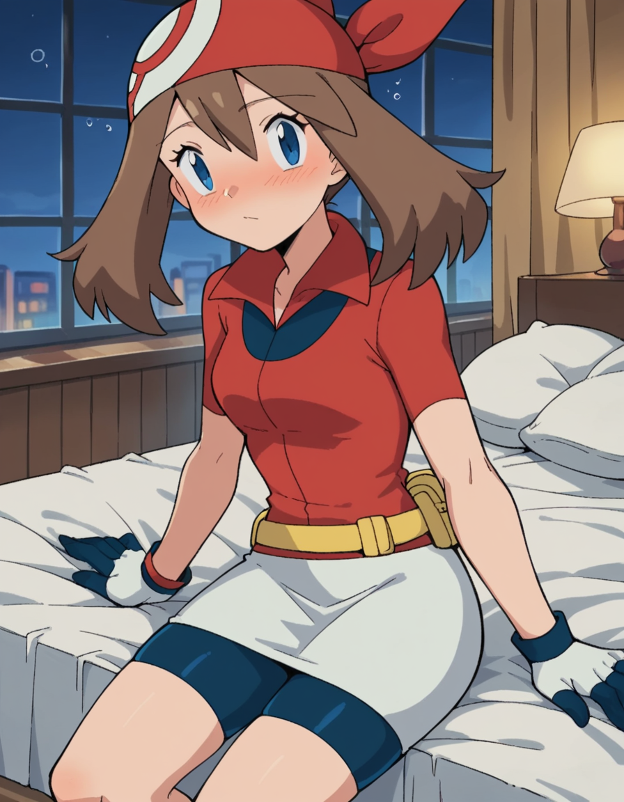score_9, score_8_up, score_7_up, source_anime, <lora:pokemon-may-anime-ponyxl-lora-nochekaiser:1>, pokemonmay, blue eyes, brown hair, bandana, long hair, red bandana, twintails, hair between eyes,, bike shorts, collared shirt, gloves, microskirt, multicolored shirt, pencil skirt, red shirt, shirt, short sleeves, skirt, white skirt,, indoors, bed, bed room, on side, blush, drunk, looking at viewer, solo, cowboy shot, dutch angle