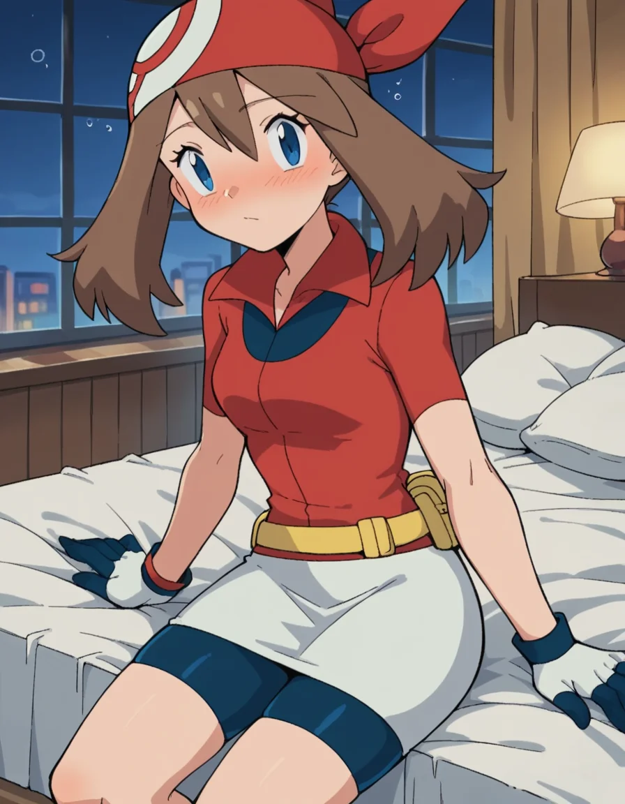 score_9, score_8_up, score_7_up, source_anime, <lora:pokemon-may-anime-ponyxl-lora-nochekaiser:1>, pokemonmay, blue eyes, brown hair, bandana, long hair, red bandana, twintails, hair between eyes,, bike shorts, collared shirt, gloves, microskirt, multicolored shirt, pencil skirt, red shirt, shirt, short sleeves, skirt, white skirt,, indoors, bed, bed room, on side, blush, drunk, looking at viewer, solo, cowboy shot, dutch angle