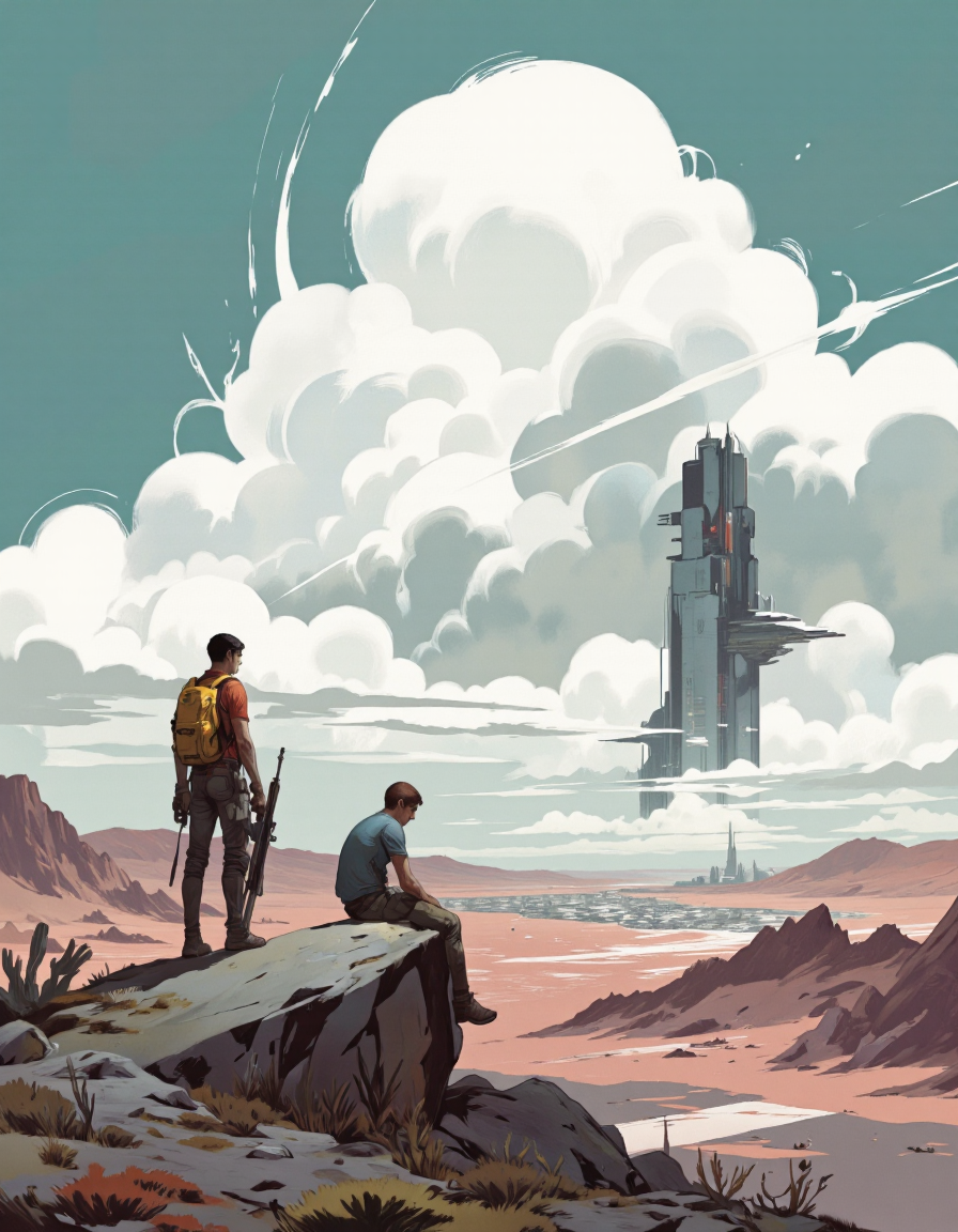 By JoFoGriGreToc.
A digital illustration shoot from a far camera angle about a futuristic landscape with a distant city under a large, stormy sky. the scene is set in a desert-like environment with rocky terrain and sparse vegetation. on the left of the image, a young man stands on a rocky outcrop, facing away from the viewer, wearing a yellow backpack and holding a rifle. he appears to be in his late teens or early twenties, with a serious expression on his face. to his right, another young man is sitting on the rock, looking out at the distant cityscape. in the background, a tall, futuristic building stands amidst the clouds, which are filled with fluffy white clouds. the sky is a mix of teal and pink hues, giving the scene a vibrant and dynamic feel.