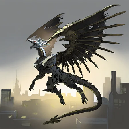 highres, best quality, masterpiece, very aesthetic, newest,solo,dorugoramon,no humans,mecha dragon,wings,horns,tail,biomechanical,epic,vivid detail,araki hirokiro,dark souls,gothic,grimdark,flying,outdoors,city,futuristic,cyberpunk, <lora:DorugoramonIllustrious:1>