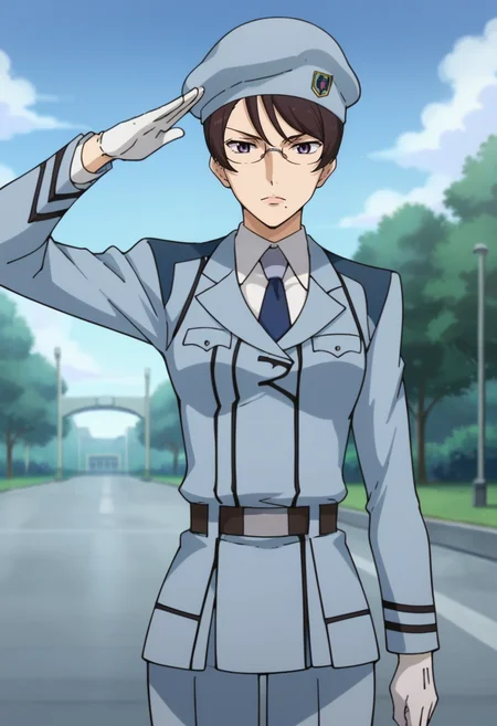 score_9,score_8_up,score_7_up,score_6_up,score_5_up,score_4_up,anime coloring BREAK source_anime,anime,<lora:Kati_Mannequin_Gundam_00_Pony:0.8>,kati,1girl,solo,purple eyes,brown hair,mole under mouth,hair up,single hair bun,beret,glasses,lightblue jacket,collared shirt,necktie,lightblue pants,white gloves,salute,standing,outdoors,