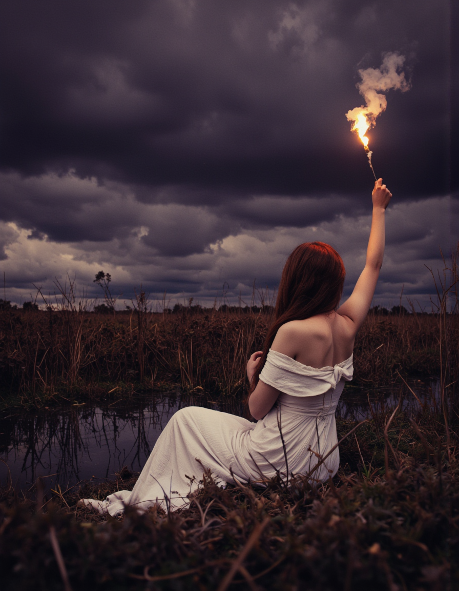 Art by Brooke Shaden. A photo-realistic shoot from the side about a woman sitting in a field, holding a torch, with a dramatic, stormy sky in the background. the woman, who appears to be in her mid-twenties, is facing away from the camera, with her long brown hair cascading down her back. she is wearing a white, off-the-shoulder dress that is pulled down to her shoulders, revealing her bare shoulders. her expression is one of sadness and despair, as if she is lost in her own world. her hands are clasped together in front of her, and she is holding a burning torch above her head, emitting a trail of white smoke. the scene is set against a dark, purple sky with a few clouds, and the surrounding area is filled with tall, dry grass and a small, reflective pond. the lighting is dramatic, with the colors blending together to create a sense of depth and atmosphere. the overall mood is somber and contemplative, evoking a feeling of loneliness and despair.