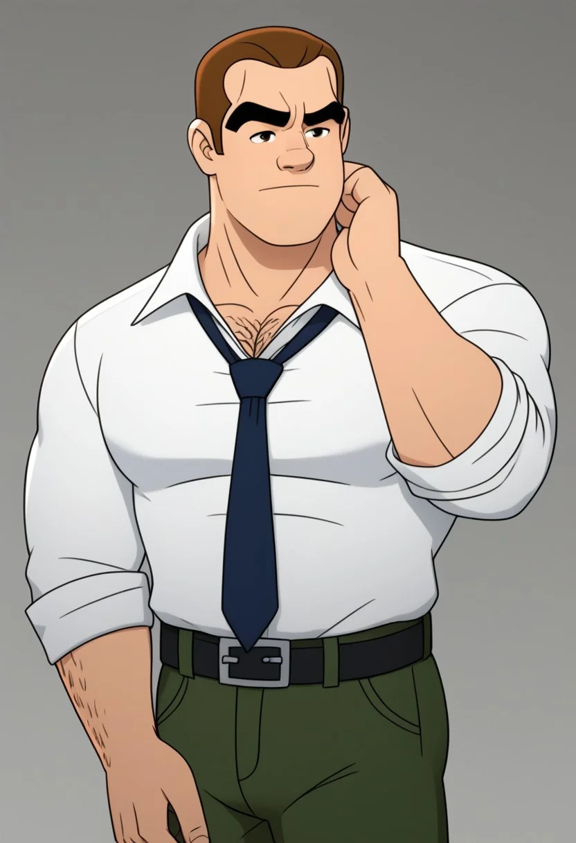 Score_9, cartoon style, 2D, Rick buck, 1man, solo, mature man, Brown hair, thick eyebrows, brown eyes, muscular body, white shirt, dark green pants, dark blue tie, black belt, hair on arms,