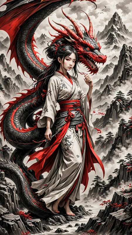 (ULTIMATE Japanese style, INK WASH). on parchment, Black and White, dragon girl, mountains, (japanese Writing in Red), trending on ArtStation , intricate details, masterpiece, best quality, (Use Dream Diffusion Secret Prompt), (Epic), <lora:3D_Framed_Wall_Art_-_By_DICE:0.6>, (Framed Dragon), UHD