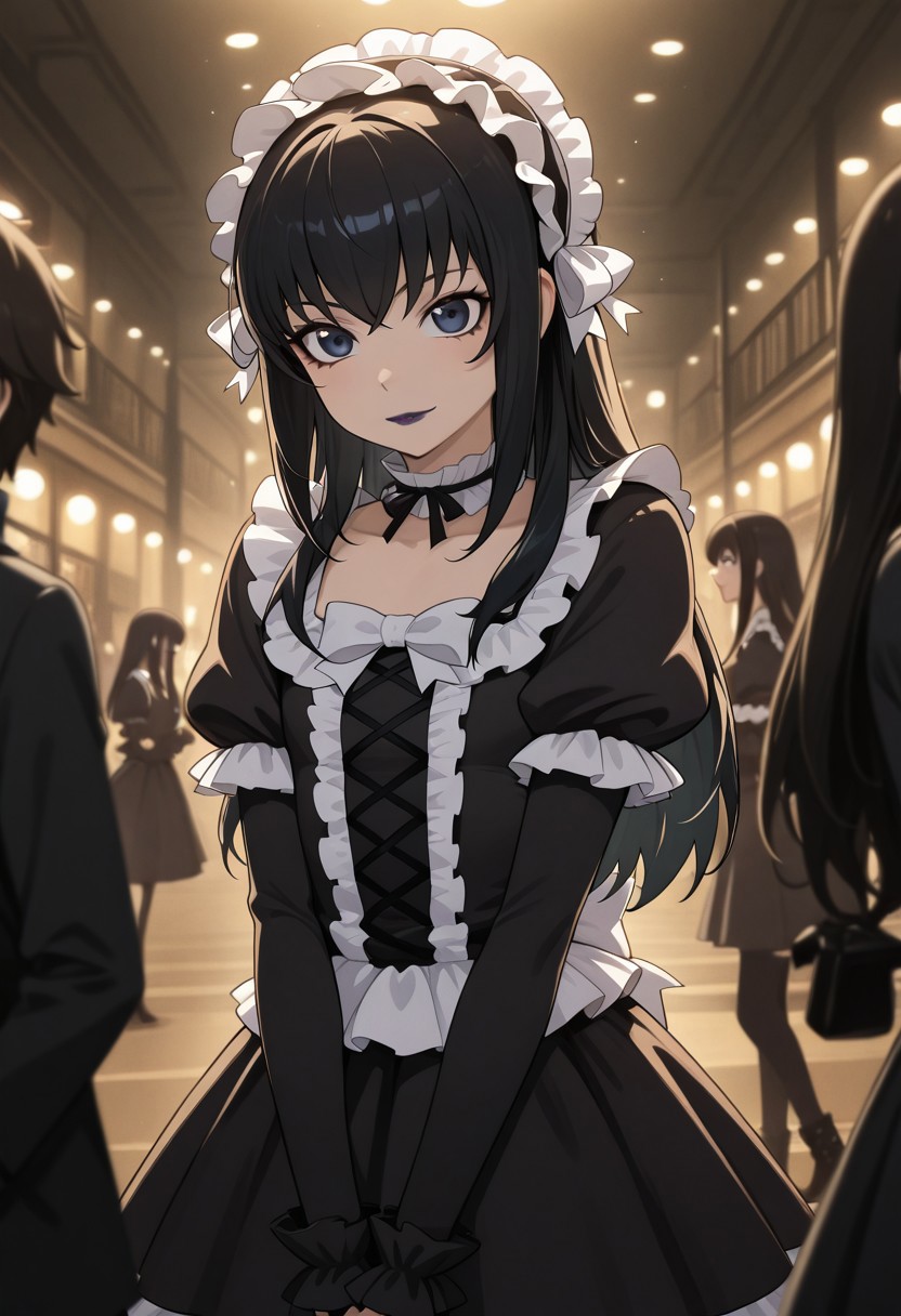 masterpiece, best quality, amazing quality, high detail, absurdres,  kei yuuki, yuuki kei, \(moyashimon\), black hair, dark blue eyes, goth, gothic fashion, black eyeliner, dark purple lipstick, otoko no ko, 1boy, long hair, lipstick, crossdressing, makeup,, cinematic lighting, chiaroscuro, depth of field, nightclub,
