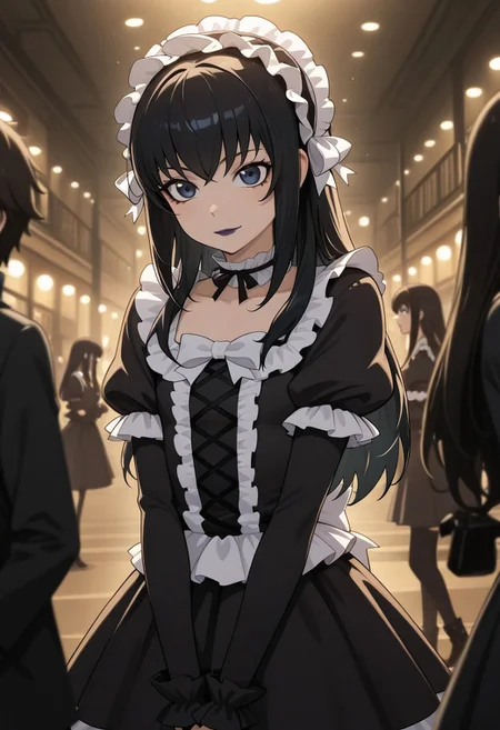 masterpiece, best quality, amazing quality, high detail, absurdres,  kei yuuki, yuuki kei, \(moyashimon\), black hair, dark blue eyes, goth, gothic fashion, black eyeliner, dark purple lipstick, otoko no ko, 1boy, long hair, lipstick, crossdressing, makeup,, cinematic lighting, chiaroscuro, depth of field, nightclub,
