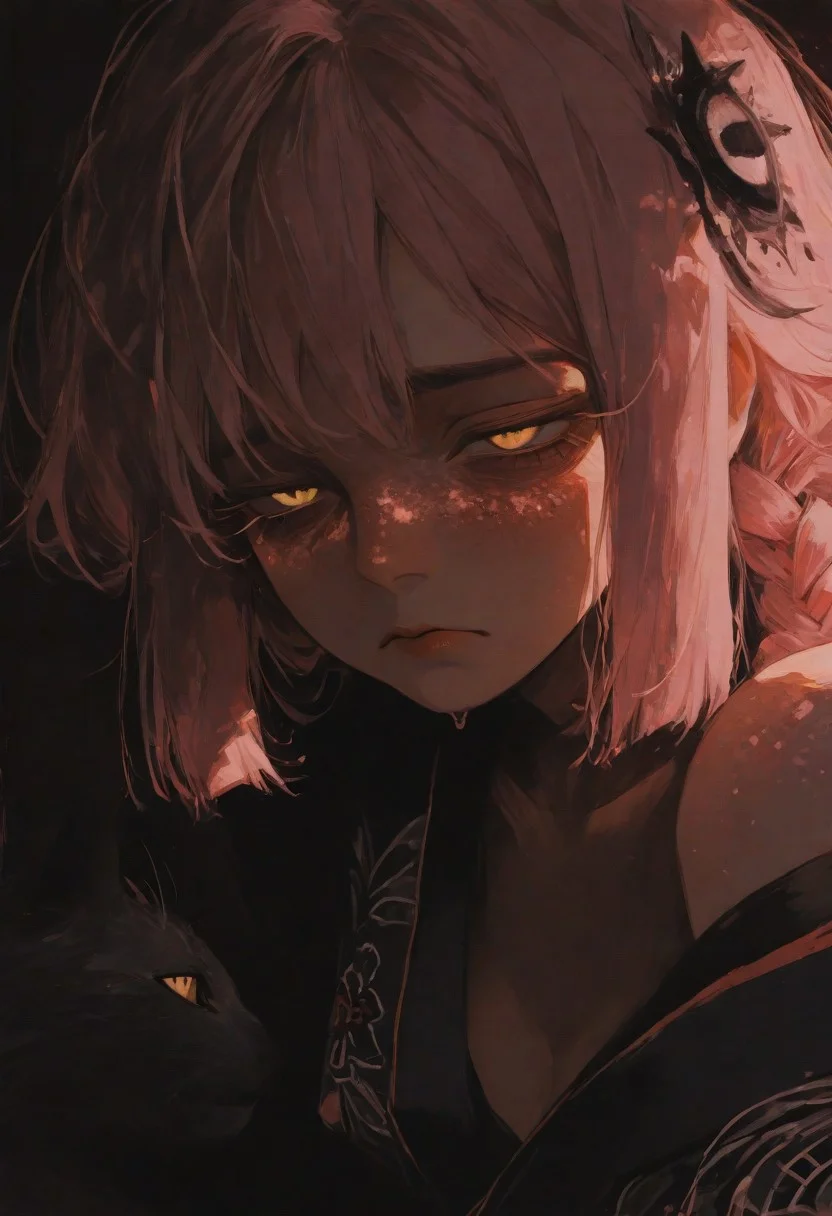 masterpiece,best quality,amazing quality,very aesthetic,newest,ultra detail, (score_9,score_8_up,score_7_up,score_6_up,rating_safe),hyper-detailed,ultra HD,cinematic lighting,(maeve:2.0),(pink hair:1.5),(long braids:1.2),(deep emotional connection:1.4),(detailed facial features:1.4),(no fusion,no deformities,correct anatomy:1.5),sexy pose,dynamic pose,(yellow eye:1.5),(glowing eye:1.5),(Cat pupil:2.0),Detailed eye,(one eye covered by hair),(head tilted back),(chin raised),(neck exposed),(looking upward),(white freckles),(glowing freckles:2.0),small breasts,(bare shoulder:1.5),(Hanging breasts),(black kimono:1.5),kimono open,(cleavage),(Tired expression:2.0),(dark circles under the eye:2.0), (Sleeping face:1.5),(deeply distressed:1.5),reflective skin,shiny skin,wet skin,oiled skin,(wet clothes:1.5,wet kimono:1.5),skin-tight clothing,(squinting eye:1.5),tabi,Calf,plump lips,(Sitting:1.5),side locks,makeup,floral print,(front-facing, direct view:1.5),(extreme close-up, eye focus:1.8),Warm crimson ambient light, light that illuminates maeve dimlylight,<lora:illustrious_all_rated_v1:0.5><lora:ppw_v7_noobE11_6_r2_0.05:0.6><lora:nhl-001:0.6> nhl-001,limited palette,realistic,BREAK
Japanese house, Moody lighting,<lora:wasabi_natsume_style_r1:0.8> wasabi_natsume_illu,abstract, surreal,<lora:748cm_illu:0.4> 7481llu