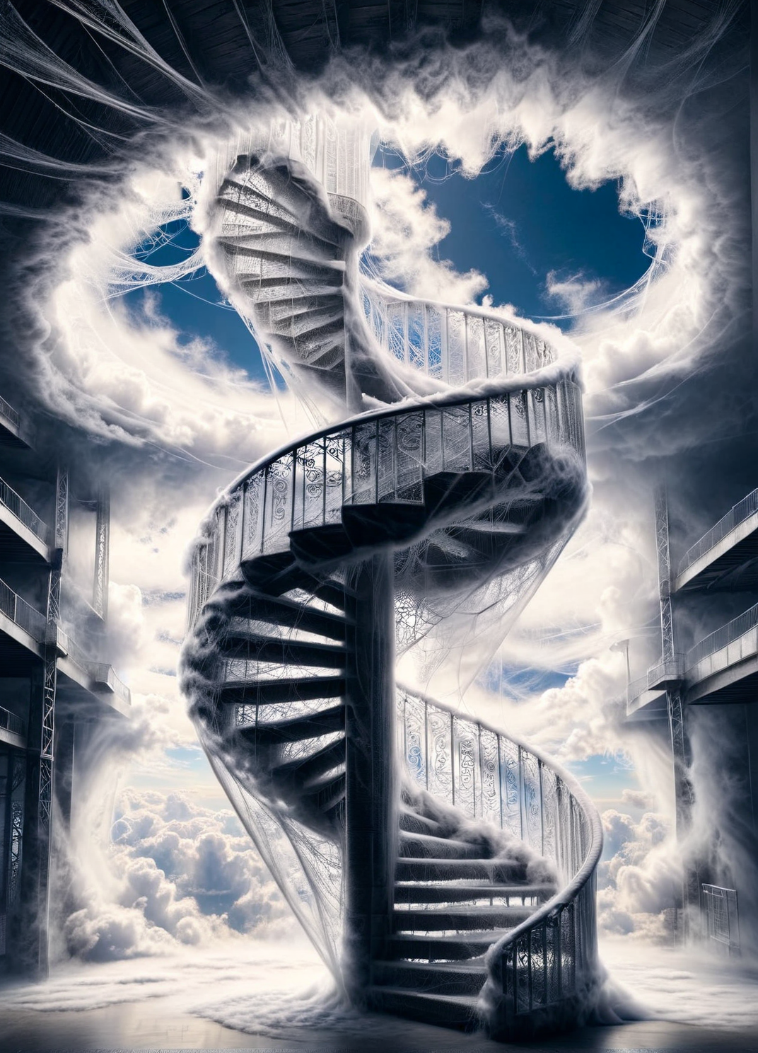 An ais-cbwbs spiral staircase leading upwards into a swirling vortex of clouds <lora:ais-cbwbs-sdxl:1>